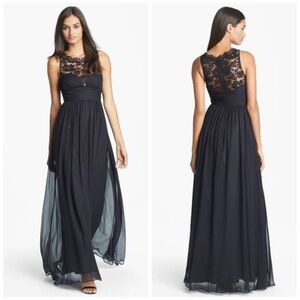 Aidan Mattox 100% Silk Long Black Maxi Dress Evening Gown Wedding Chiffon Beaded
